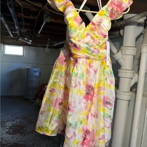 Aqua Pink Yellow Green Floral Satin Dress